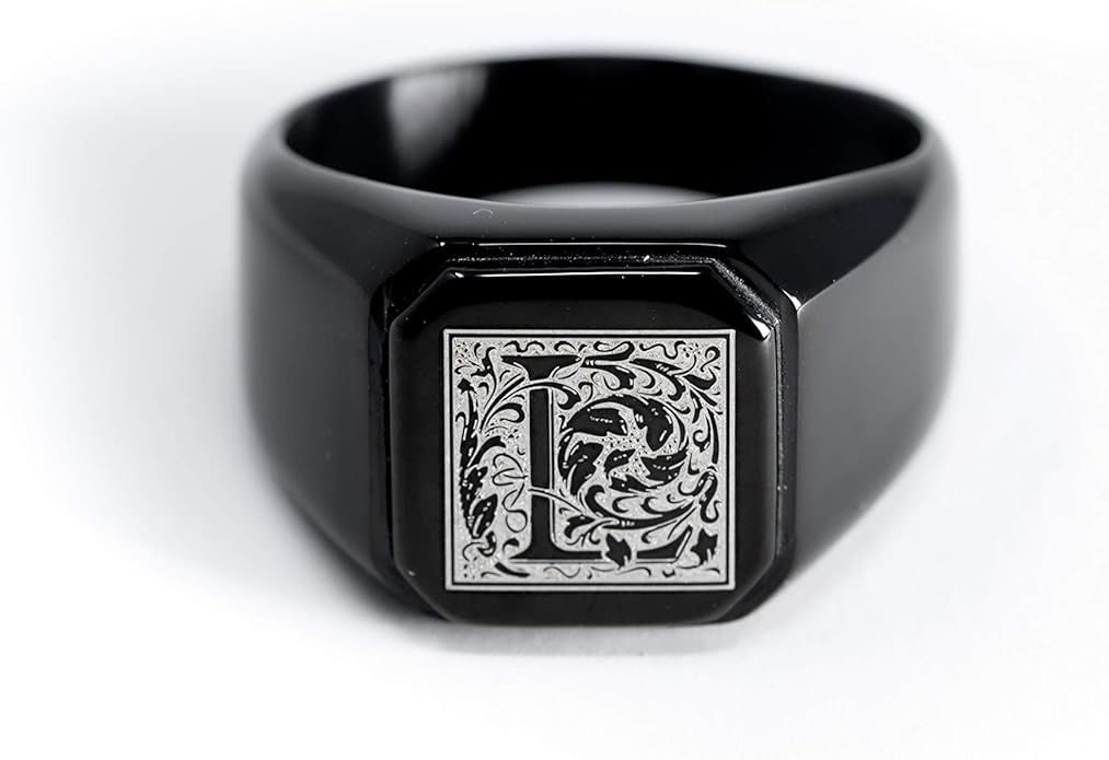 Jewelry | Stainless Steel Letter Alphabet Initial Ring | Square Flat Top Ring for Men & Women | Stainless Steel Jewelry, (Black, Gold, Silver), Size 7-16