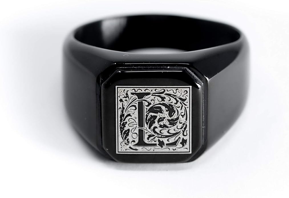 Jewelry | Stainless Steel Letter Alphabet Initial Ring | Square Flat Top Ring for Men & Women | Stainless Steel Jewelry, (Black, Gold, Silver), Size 7-16