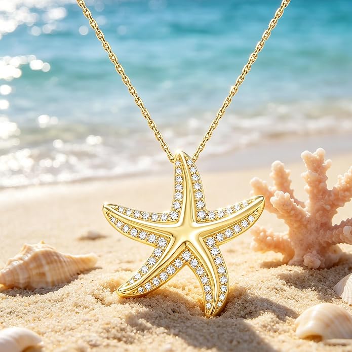 Starfish/Seashell Necklace for Women, 925 Solid Sterling Silver / 14k Gold Plated Sea Life Jewelry with 5A Cubic Zirconia Shell Necklace, Trending Summer Holiday Jewelry Gift for Her
