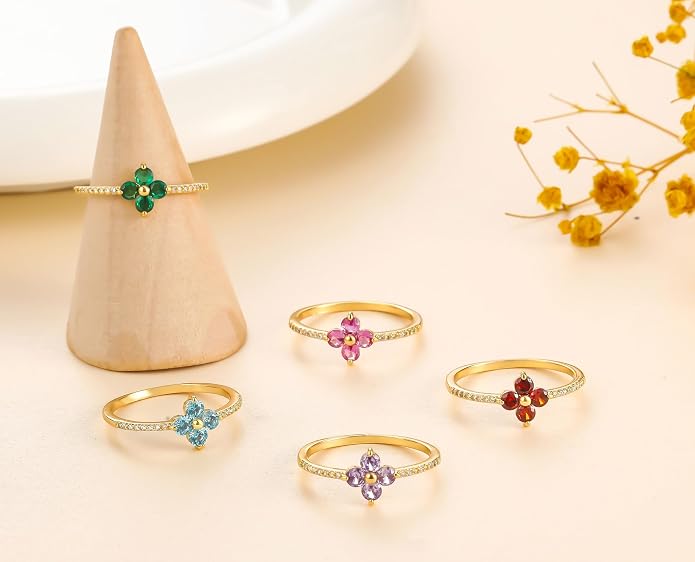 KOHOTA Birthstone Gold Rings for Women Non Tarnish 14K Gold Plated Stackable Rings Dainty Clover Flower CZ Gemstone Green Emerald Ring Engagement Wedding Band Jewelry Birthday Gifts Size 5-10