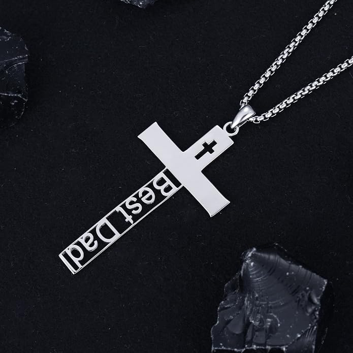 KXJ S925 Sterling Silver Black Cross/Best Dad/Baseball Bat/Silver Cross/Ankh Cross/Crucifix with 22+2 Inches Stainless Steel Rolo Chain Cross Necklace for Men Women Christian Religious Jewelry Gifts