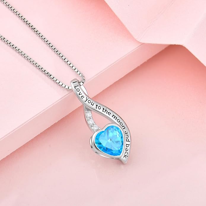 I Love You to The Moon and Back Necklace for Women, 925 Sterling Silver Heart Birthstone Pendant Necklace Jewelry Anniversary Birthday Gifts for Girls Women Wife Mom Daughter