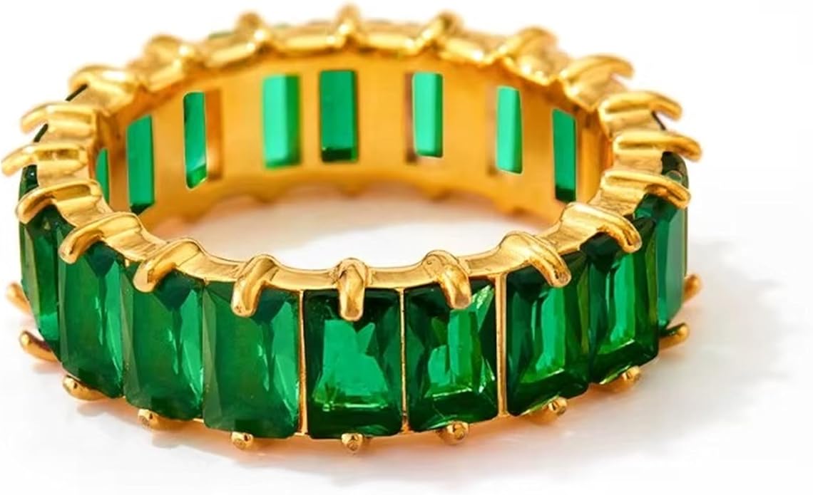 Cubic Zirconia Ring for Women, Emerald Cut Cubic Zirconia Eternity Ring, Fashion Wedding Band Style, Continuous Diamond Design