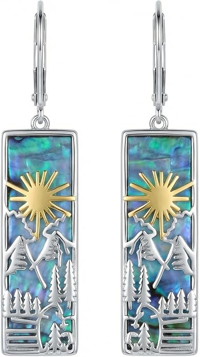 Mountain Earrings 18K White Gold Plated Turquoise/Abalone Shell Mountain Dangle Drop Earrings Jewelry Gift for Skiers, Hikers, Campers, Climbers Lovers