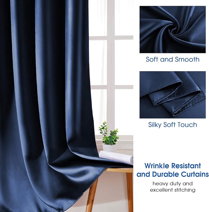 HOMEIDEAS 2 Panels Navy Blue Faux Silk Blackout Luxury Curtains, 52 X 108 Inch Room Darkening Satin Thermal Insulated Window Drapes for Bedroom Decor, Indoor, Living Room