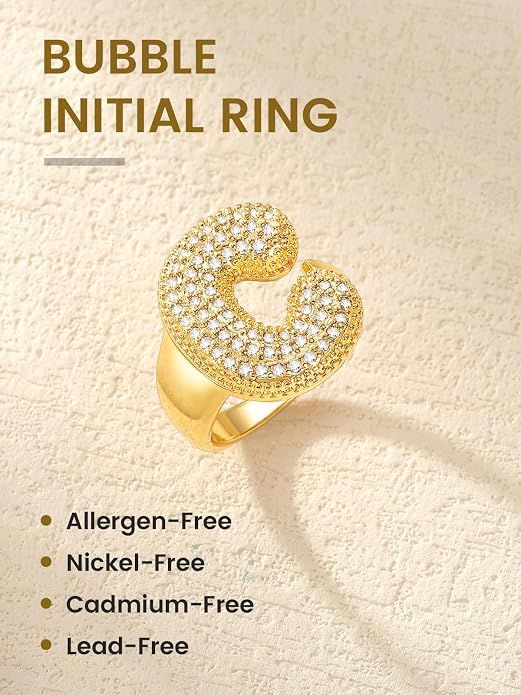 KeyStyle Bold Initial Letter Rings Adjustable, GoldChic Jewelry Women Gold Statement Ring Personalized Engraved Women’s Open Signet Ring for Party (Gold, White Gold, Black)