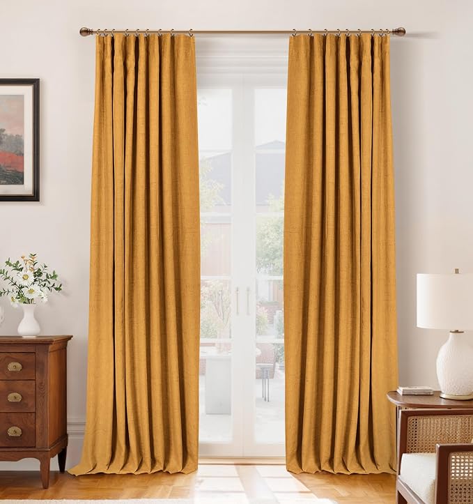 INOVADAY 100% Blackout Curtains for Bedroom, Mustard Yellow Black Out Curtains 96 Inch Long, Clip Rings Linen Blackout Drapes, Thermal Insulated Room Darkening for Living Room, 2 Panels - W50xL96