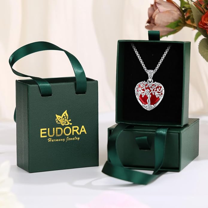 EUDORA Tree of Life Necklace with Moonstone Amethyst Obsidian Turquoise Healing Crystal for Women, Silver Plated Copper Mother Tree of Life Pendant Amulet Energy Jewelry, Gift for Women Mom, 20"+2"