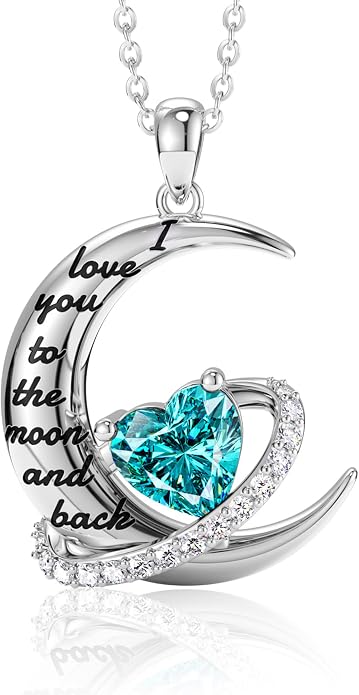 Distance I Love You to The Moon and Back Necklace for Women, S925 Sterling Silver Forever Love Heart Birthstone Necklace, Anniversary Birthday Jewelry for Wife Lover