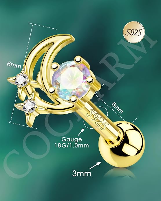 COCHARM 14K Gold Plated Cartilage Earrings Stud 16G Star 925 Sterling Silver Helix Tragus Earrings Surgical Steel Flat Back Earrings for Women