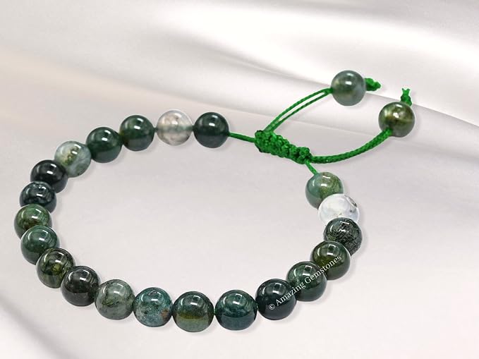 Amazing Gemstone Moss Agate Bracelet for Women Men's Gifts - Protection Healing Crystal Bracelet - 8mm Gemstones Beaded Adjustable Bracelet Pulseras para Hombres Mujer Stocking Stuffers