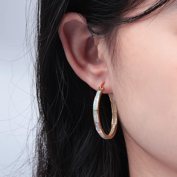 CiNily Opal Hoop Earrings,Women Jewelry Rhodium Plated/Rose Gold or Yellow Gold Plated Gemstone Big Hoop Earrings 32mm
