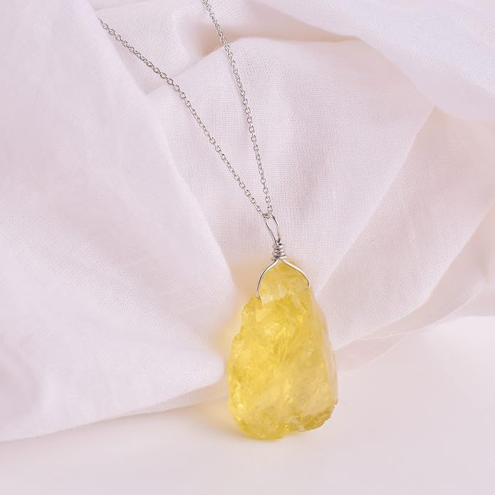 Natural Raw Lemon Quartz Stone Rough Crystal Gemstone Dainty Women Pendant Necklace, Chakra Healing Crystals, Birthstone, Gift, Rhodium Plated 925 Sterling Silver Chain 18 inch