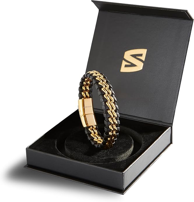 SERASAR | Premium Genuine Leather Bracelet [Steel] for Men in Black | Magnetic Stainless Steel Clasp in Black, Silver and Gold | Exclusive Jewellery Box | Great Gift Idea