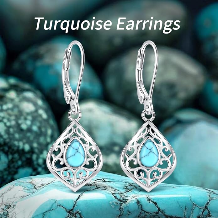 Vito 925 Sterling Silver Teardrop Earrings for Women, Moonstone Turquoise Drop Dangle Earrings Cat Snake Turtle Tree of Life Leverback Earrings Boho Jewelry Gift for Mom Wife