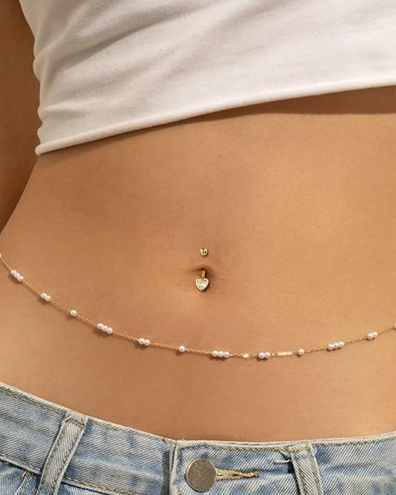 COCHARM 14K Gold Plated 925 Sterling Silver Belly Button Ring - Dainty Heart Navel Piercing Jewelry for Women