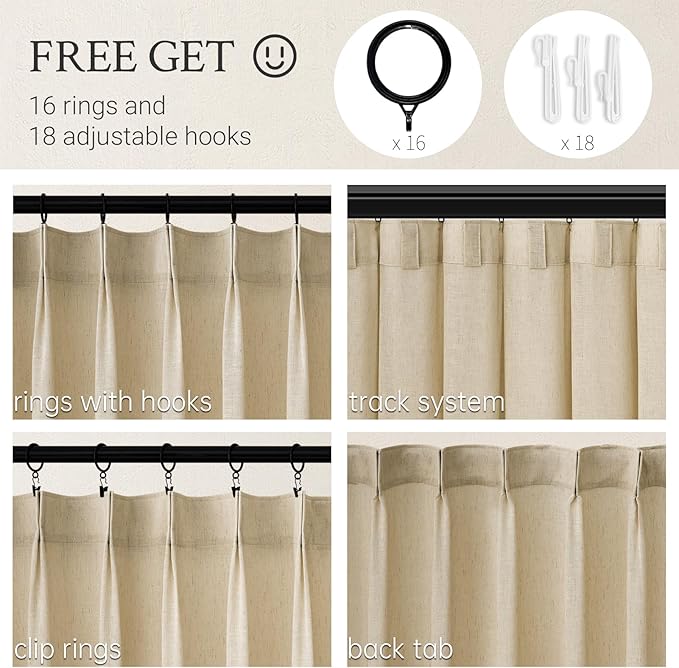 Topfinel 94 Inch Length Pinch Pleat Linen Curtains Drapes 2 Panels Set,Hooks Sense of Design Semi Sheer Elegance Window Curtains Living Room Bedroom,Half Price Drapes 94 inches Long Set of 2