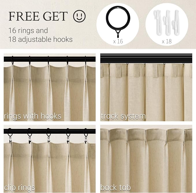 Topfinel 96 Inches Long Pinch Pleated Semi Sheer Curtains,Natural Linen Blended Light Filtering Window Curtains 96 Length for Living Room Bedroom Pinch Pleat Drapes with Hooks 1 Panels 72" Wx96 L