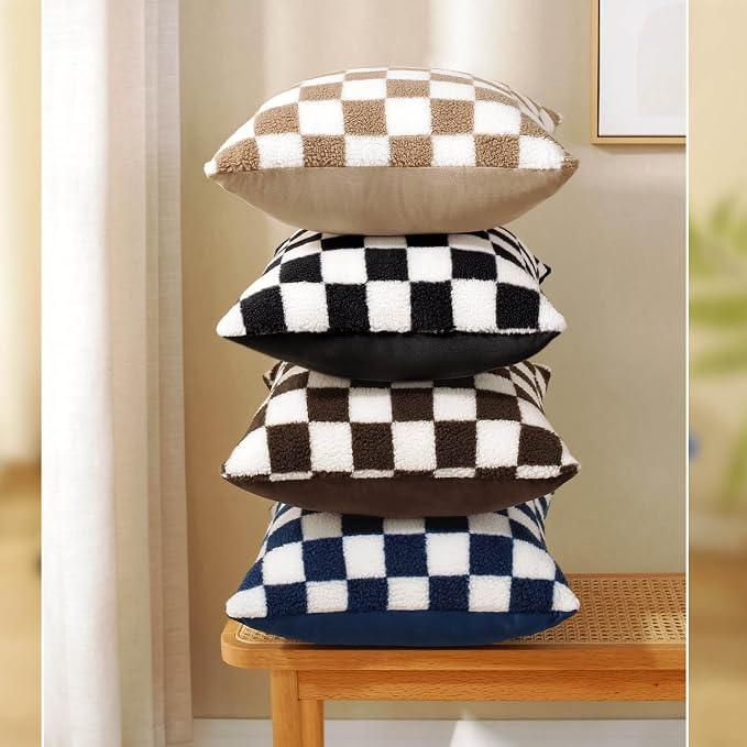 AmHoo Pack of 2 Decorative Throw Pillow Covers Checkerboard Luxury Super Soft Faux Fur Wool Set Case Cushion for Couch Sofa Bedroom 24 x 24-Inch Black