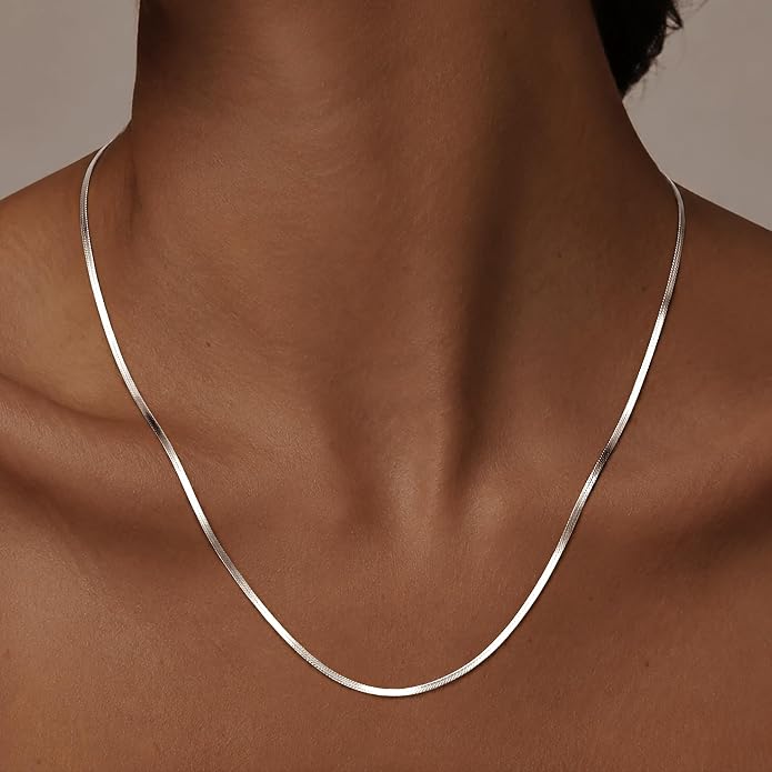 WomenGifts 14K Gold Silver Plated Herringbone Necklace for Women, Dainty Snake Chain Choker, Trendy Simple Long Layered Jewelry Non Tarnish, 3/4/5/8mm,14,16,18,20,22,24,26 Inch Thin & Chunky Options