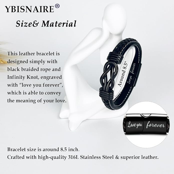 Gifts for Men Infinity Leather Bracelet for Dad New Daddy Husband Boyfriend Son Grandson Brother Nephew Uncle Black Braided Engraved Leather Jewelry Gifts for Fathers Day Birthday Christmas
