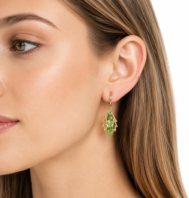 14K Gold Plated Dangle Drop Earrings, Hypoallergenic Cubic Zirconia Crystal Teardrop Leaf & Feather Earrings, Vintage Long Linear Threader Chandelier Statement Jewelry for Women Wedding Party Gifts