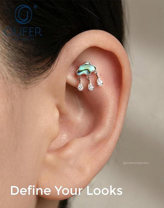 OUFER Body Piercing Titanium Cloud Helix Piercing Jewelry 16G Dangle Helix Earrings for Women Internally Thread Conch Helix Stud Flat Back Cartilage Earring Studs Surgical Steel Cartilage Jewelry