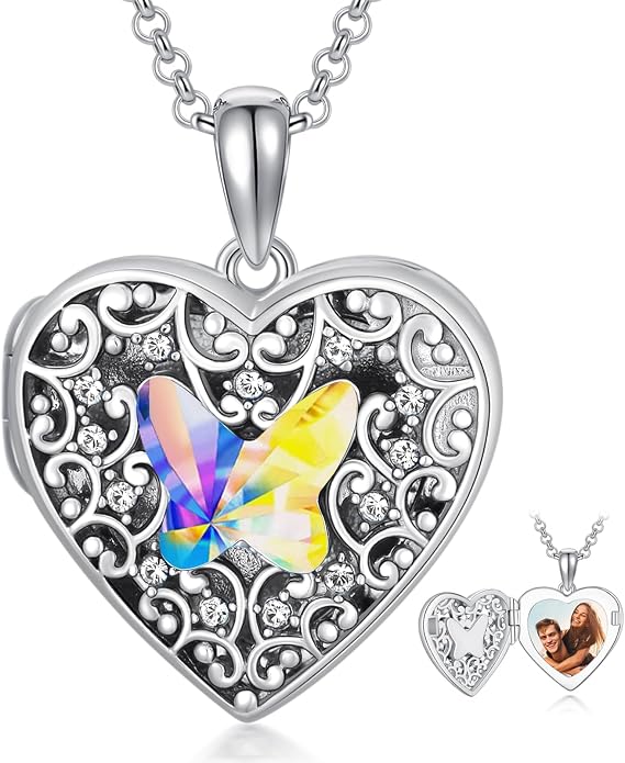 Dorunmo Personalized Locket Necklace 925 Sterling Silver that Holds Pictures Butterfly Birthstone Photo Heart Locket Custom Jewelry Congratulations New Beginnings New Job Gifts for Women
