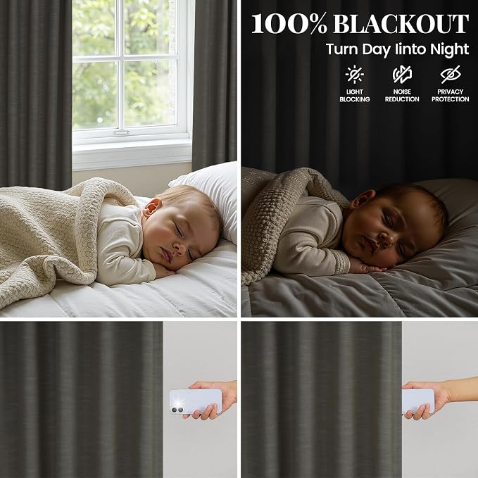 Topfinel Carbon Grey 84 Inch Total Blackout Bedroom Curtains, Farmhouse Linen Drapes with Rod Pocket & Back Tabs for Sliding Glass Doors, Classic Neutral Aesthetic Window Treatment 52" W*84" L