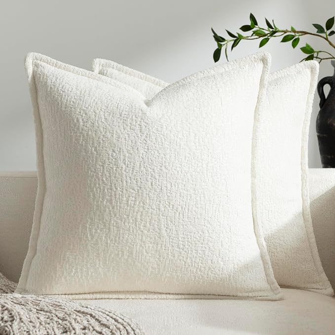 DEZENE Pack of 2 Cream White Decorative Throw Pillow Covers 20x20 Cozy Soft Chenille Accent Vintage Square Couch Pillow Covers for Home Decor Bed Sofa Living Room