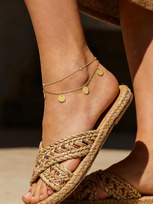 PROSTEEL Ankle Bracelets for Women Waterproof, Layered Stainless Steel Summer Beach anklets, Silver/Gold 8-10.5 Inch Adjustable, Come with Box