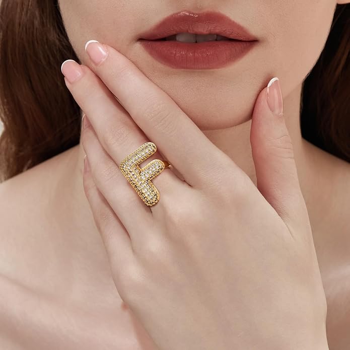 Cicy Bell Initial Rings for Women 14k Gold Plated Cubic Zirconia Delicate Letter Chunky Statement Open Rings Gifts for Her
