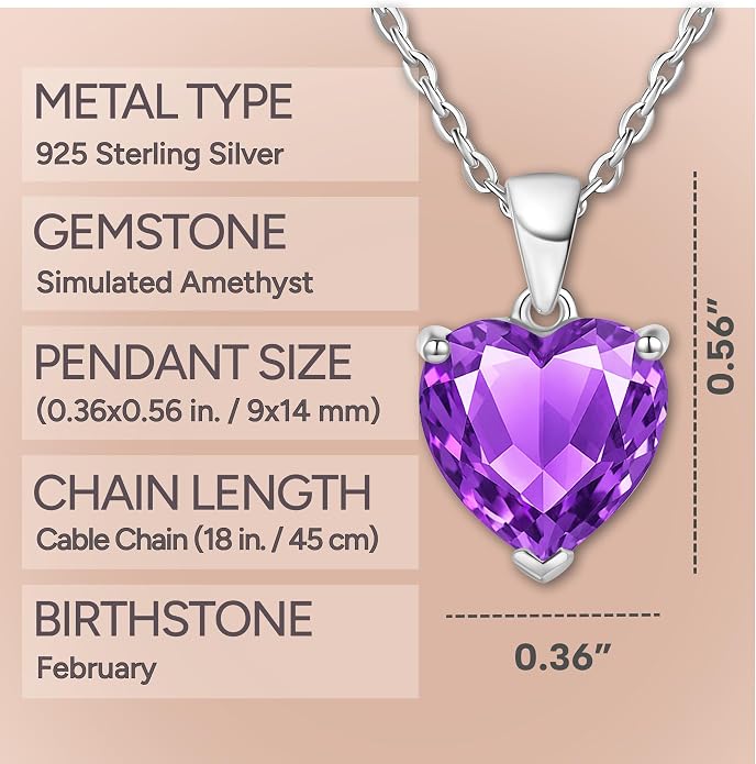 ADITA GOLD Bithstone Heart Necklace for Women with 925 Sterling Silver Chain, Simulated Birthstone Pendant, Jewelry