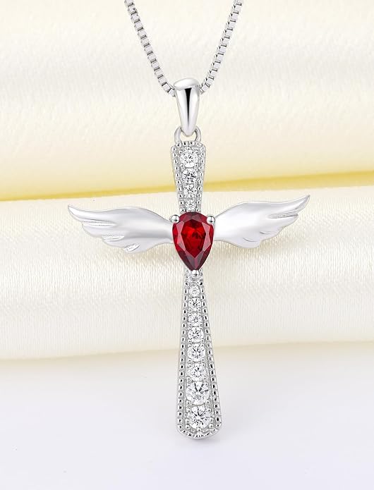 YL Cross Necklace 925 Sterling Silver Angel Wings Pendant Teardrop Birthstone Criss Jewelry for Women
