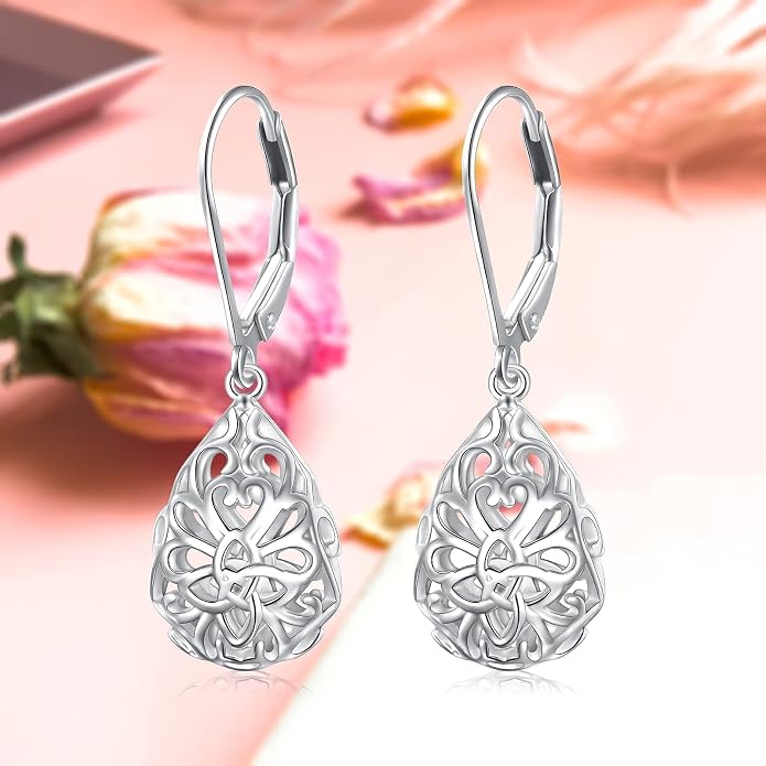 925 Sterling Silver Filigree Dangle Drop Earrings Daisy/Lotus/Rose Flower/Moonstone Leverback Teardrop Earrings for Women Infinity Celtic Knot Daisy Lotus Jewelry for Mothers Day