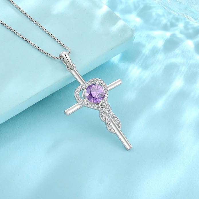Cross Necklace for Women 925 Sterling Silver Infinity Birthstone Pendant Necklace Religious Christian Jewelry Gifts Wife Mom Her