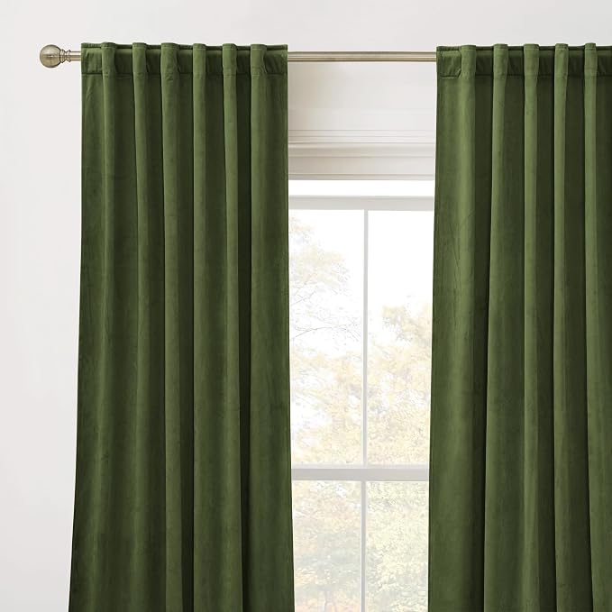 RYB HOME Olive Green Velvet Curtains 96 inches - Blackout Curtains for Living Room, Thermal Insulated Noise Reducing Panels Soft Luxury Window Decor for Kids Bedroom, 2 Panels