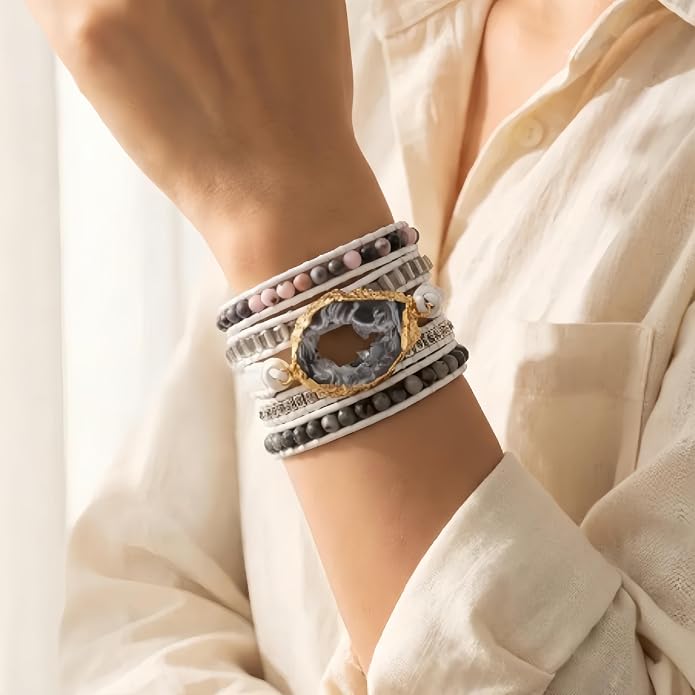 YGLINE Boho Handmade Wrap Leather Tube Crystal Stone Bracelet for Women