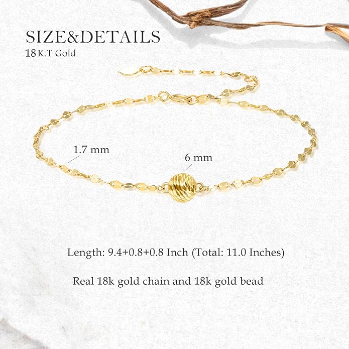 SISGEM Real 18k Gold Lip Chain Diamond-cut Bead Anklet for Women, 18 Karat Gold Lip Chain Ankle Bracelets for Her, 9.4-11 Inches