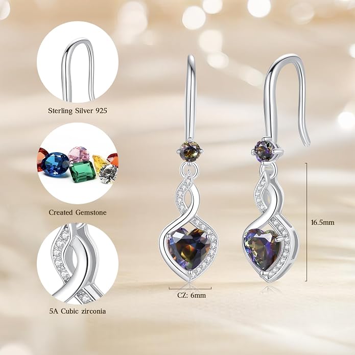 FANCIME Heart Infinity Dangle Drop Earrings 925 Sterling Silver Heart Gemstone Birthstone Earring