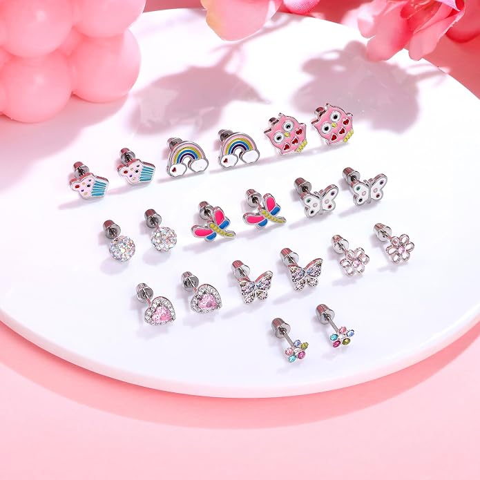 FASACCO 10Pairs Hypoallergenic Screw Back Earrings for Women Girls Stainless Steel CZ Heart Butterfly Ball Stud Earrings Multicolored Cat Rainbow Screwback Stud Earrings Set Over 3 Years Old