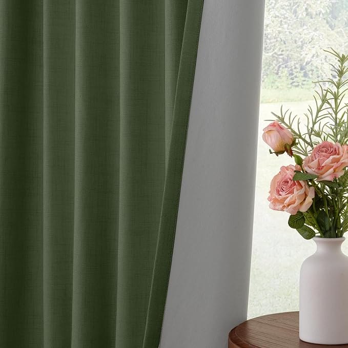INOVADAY 100% Blackout Curtains for Bedroom, Olive Green Black Out Curtains 80 Inch Long, Clip Rings Linen Blackout Drapes, Thermal Insulated Room Darkening for Living Room, 2 Panels - W50xL80