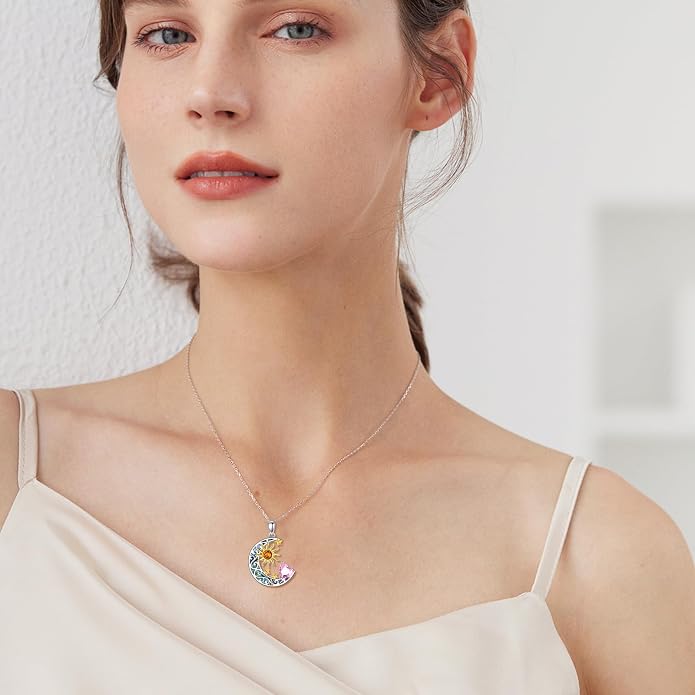 AOBOCO 925 Sterling Silver Sun and Moon Star Pendant Necklace with Simulated Birthstone, Birthday Christmas Jewelry Gift for Women Teen Girls