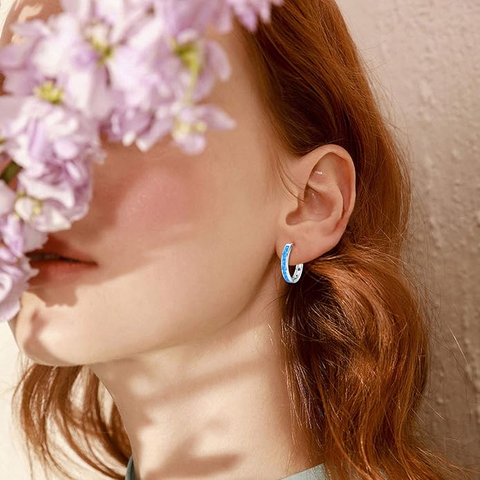 CUOKA MIRACLE 925 Sterling Silver Opal Hoop Earrings for Women - Opal Hinged Huggie Hoops, Hypoallergenic Small Hoop Earrings for Sensitive Ears, Dainty Everyday Jewelry Birthday Christmas Gift