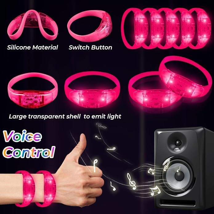 24 Pack Light UP Bracelets Sound Activated Flashing Wristbands Music Control Glow in the Dark Bracelets for Rave Game Prizes Carnival Concerts Night Events Mardi Gras Party Favors