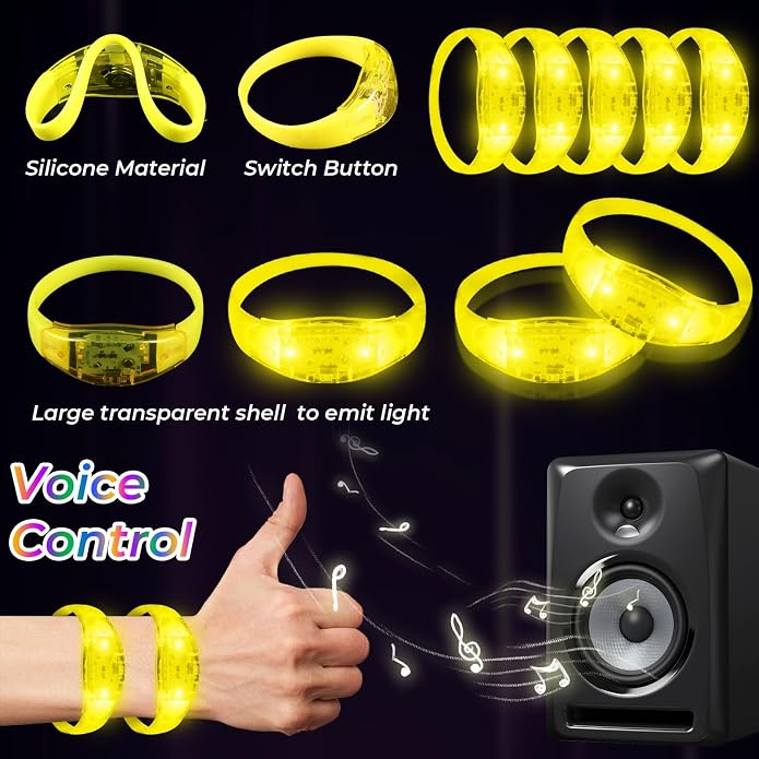 24 Pack Light UP Bracelets Sound Activated Flashing Wristbands Music Control Glow in the Dark Bracelets for Rave Game Prizes Carnival Concerts Night Events Mardi Gras Party Favors