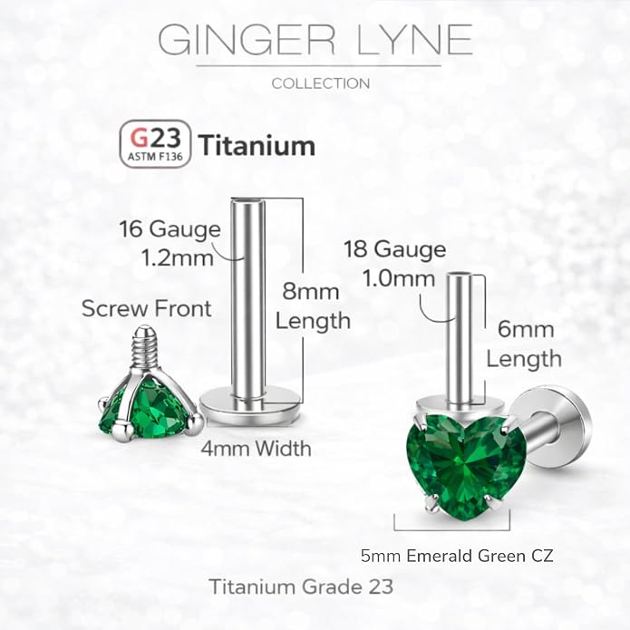 Titanium Heart CZ Labret Stud Earrings for Piercings by Ginger Lyne 6Pc Set G23 Screw Front Flat Back Body Jewelry 2 pair post 6mm, 8mm Cartilage, Helix, Tragus, Lip, Conch, Lobe