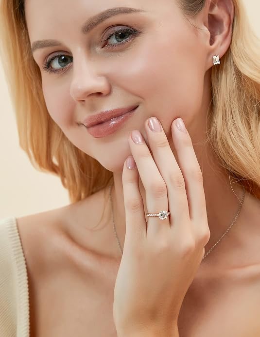 EAMTI 925 Sterling Silver 1.2 CT Round Solitaire Cubic Zirconia Engagement Ring Halo Promise Ring Size 3-13