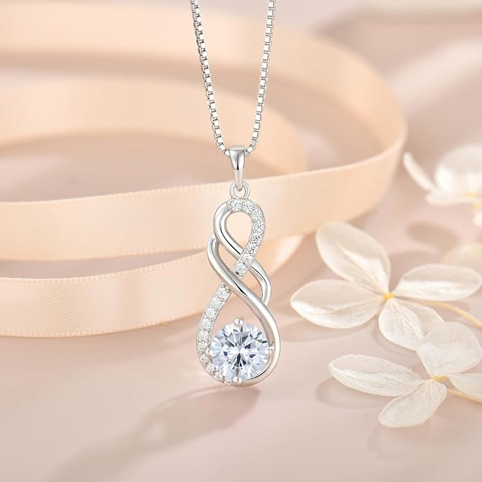 Gemstone Infinity Pendant Necklaces for Women, S925 Sterling Silver Round cut Zircon Necklace Birthstone Jewelry Gift for Her