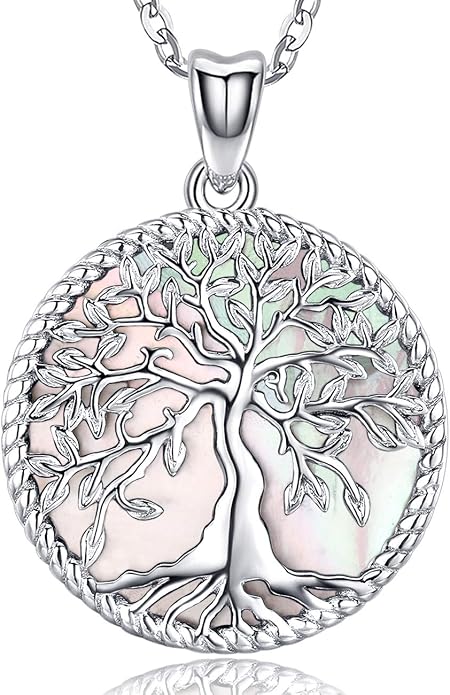 Aniu Tree of Life Necklace for Women, 925 Sterling Silver Mother of Pearl Family Palm Tree Charm Pendant Jewelry for Birthday Christmas Gift